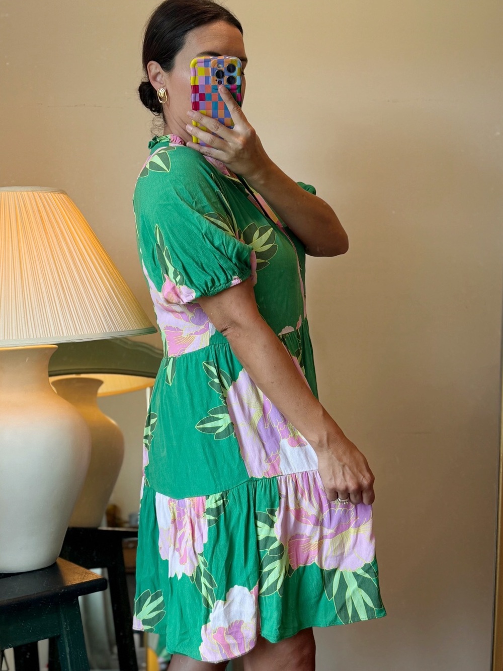 Nordstrom Cece Green Floral Tiered Mini Dress with Pink Blooms - Picture 2 of 5
